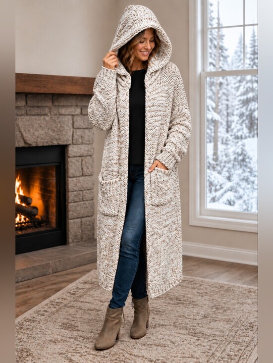 Free People Sweaters - Free People Neutral Chunky Knit Hooded Longline Midi Cardigan Duster Size Small